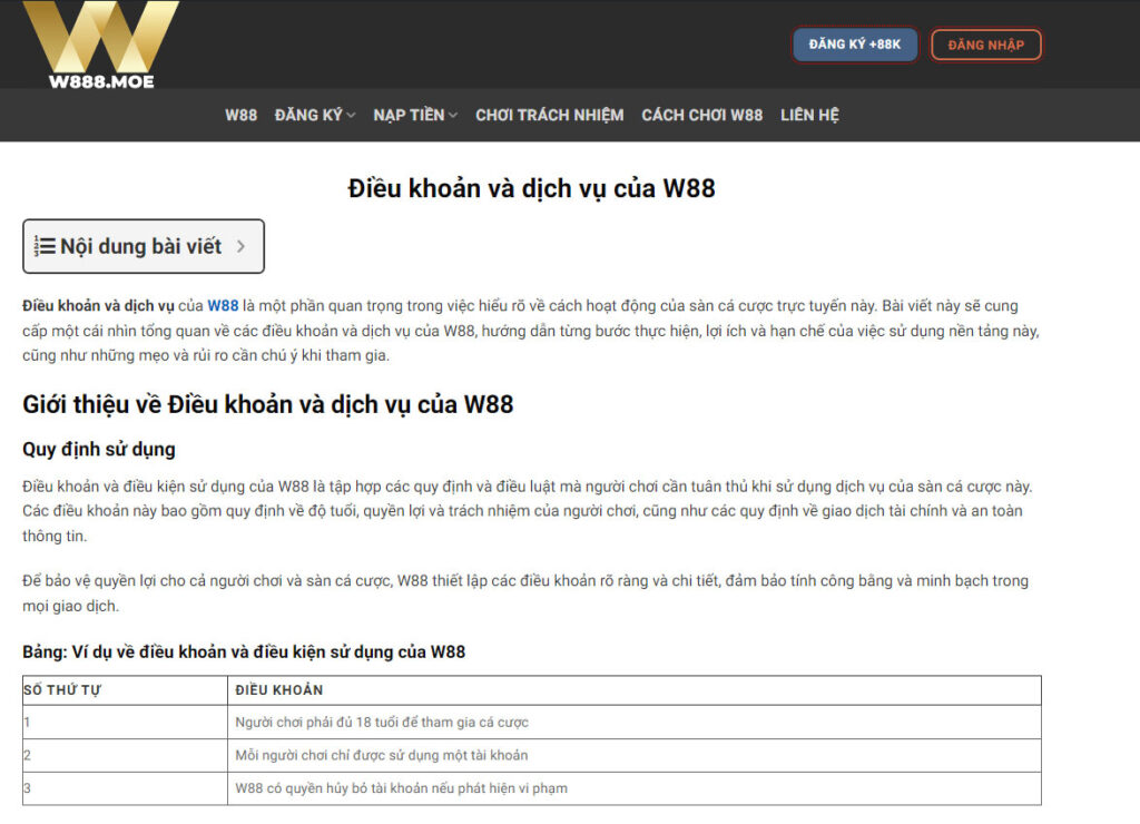 Điều khoản và dịch vụ của W88
